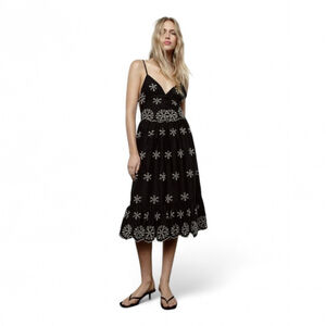 Zara Black Embroidered Contrast Tie Back Cotton Adjustable Dress Women's Sz XS
